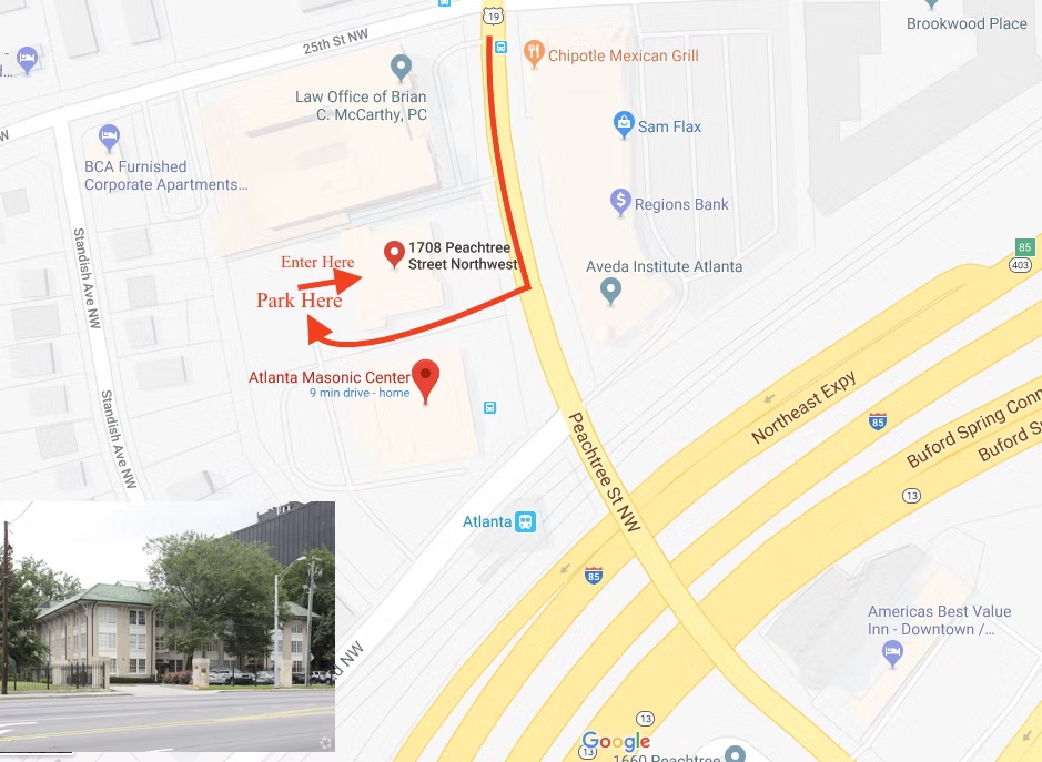 Annotated map showing the route from Buckhead to the parking entrance for Empower Rehab and Wellness
