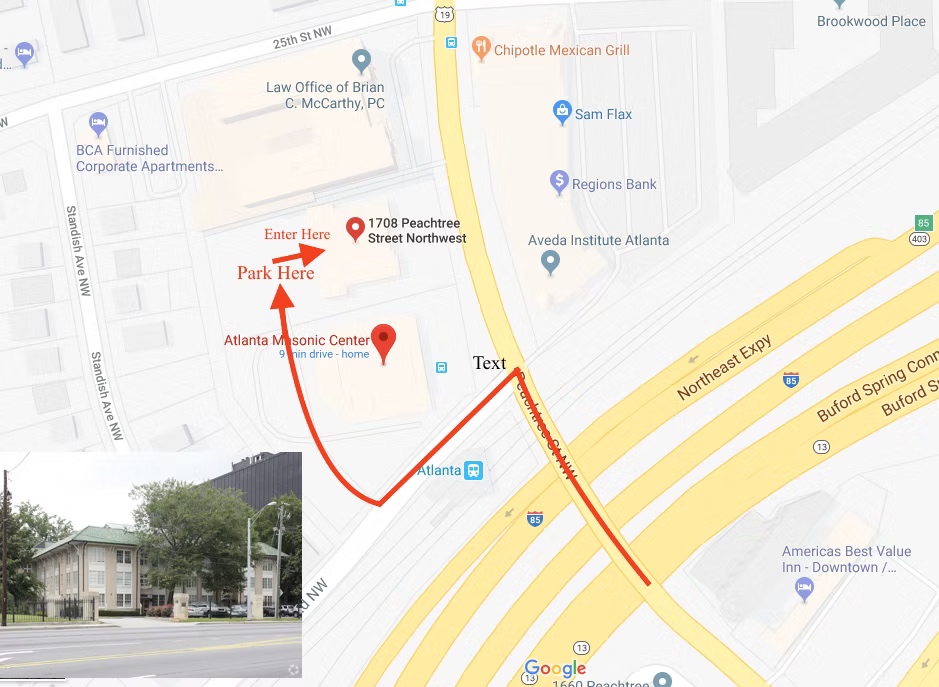 Annotated map showing the route from I-85 South and Midtown to the rear parking entrance for Empower Rehab and Wellness